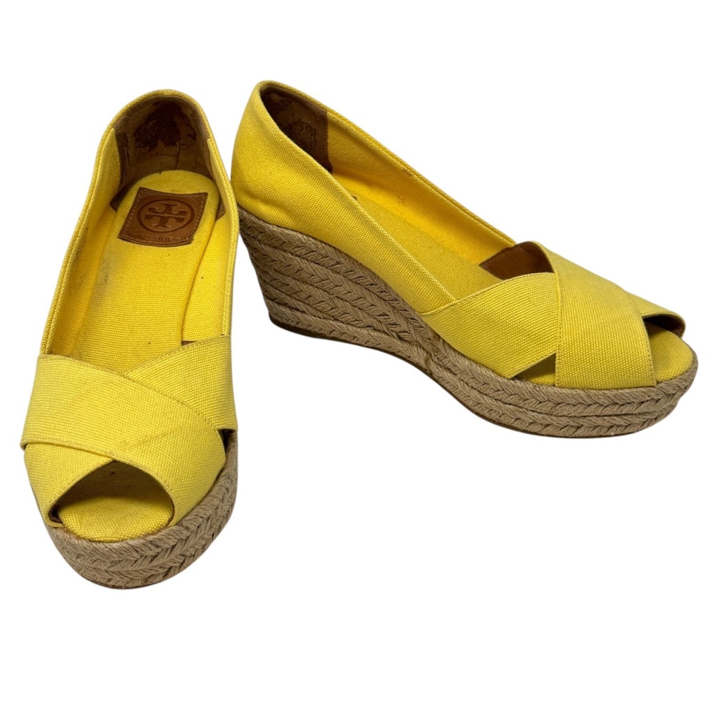 Tory Burch Size 9 Filipa Yellow Canvas Espadrille Wedge Open Toe Shoes
